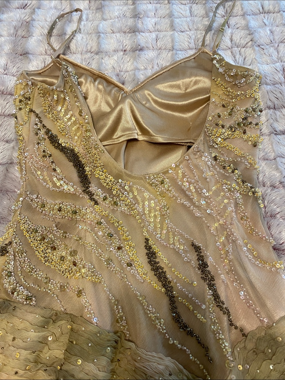 Sue Wong Beaded High-Low Flowy Silk Gown in Yellowish Green Champagne Hues - Picture 5 of 12